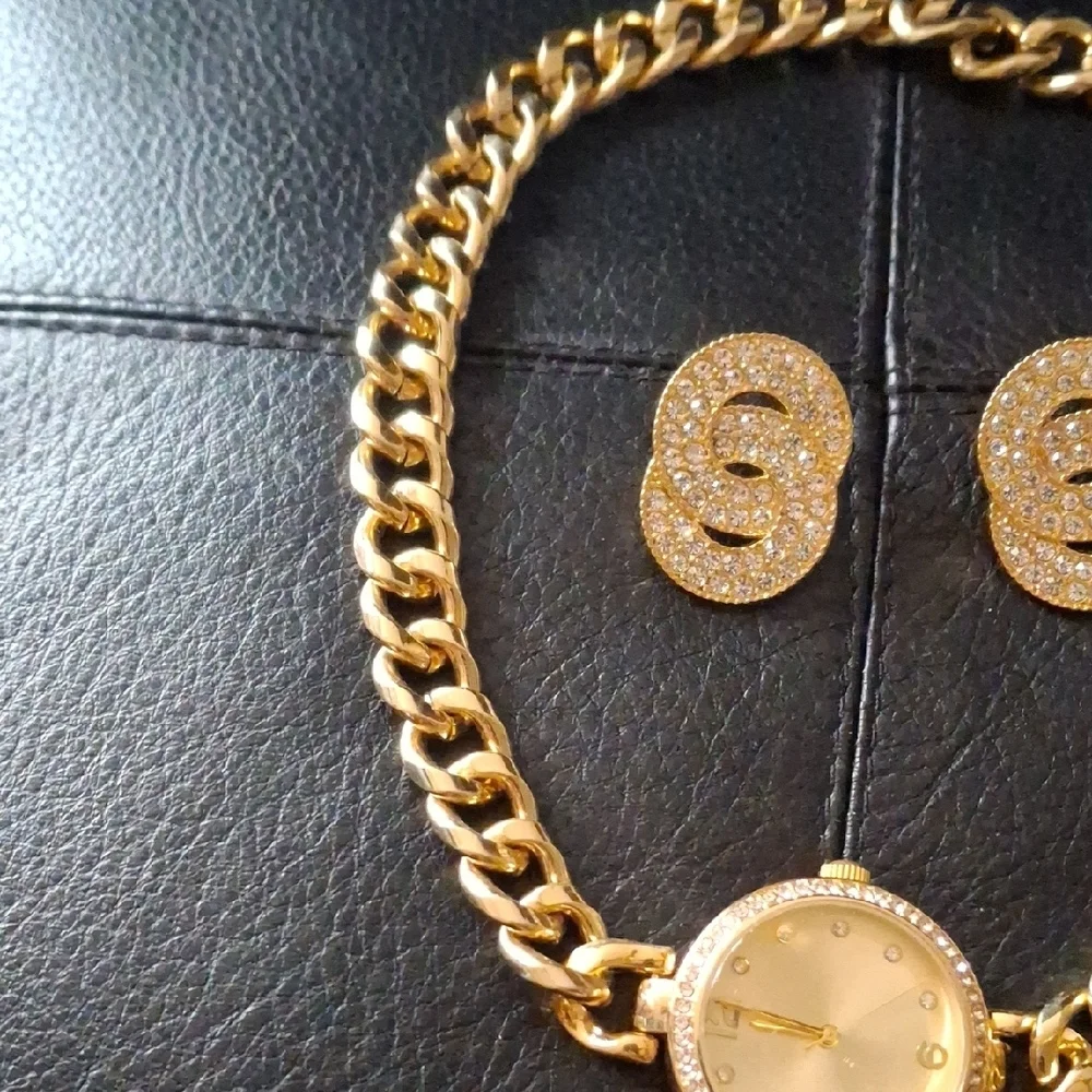 Gold Chain Watch and Earrings Set